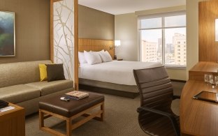 A clean and inviting guest room at the Hyatt Place Hotel. 