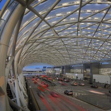Exterior view of airport terminal.