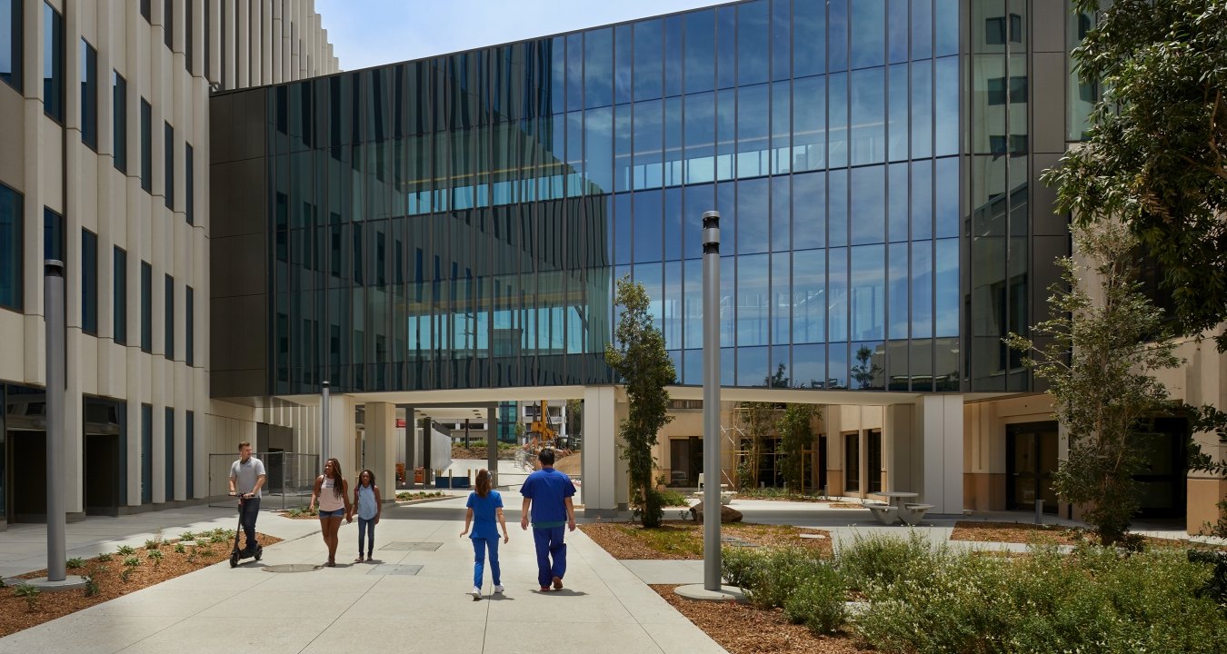 People walking at Loma Linda University Medical Center campus