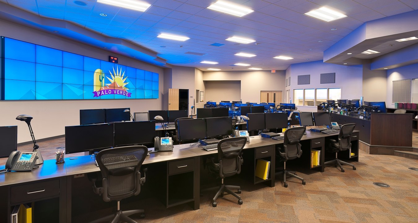 Chairs and computers at dozens of workstations in the emergency facility.