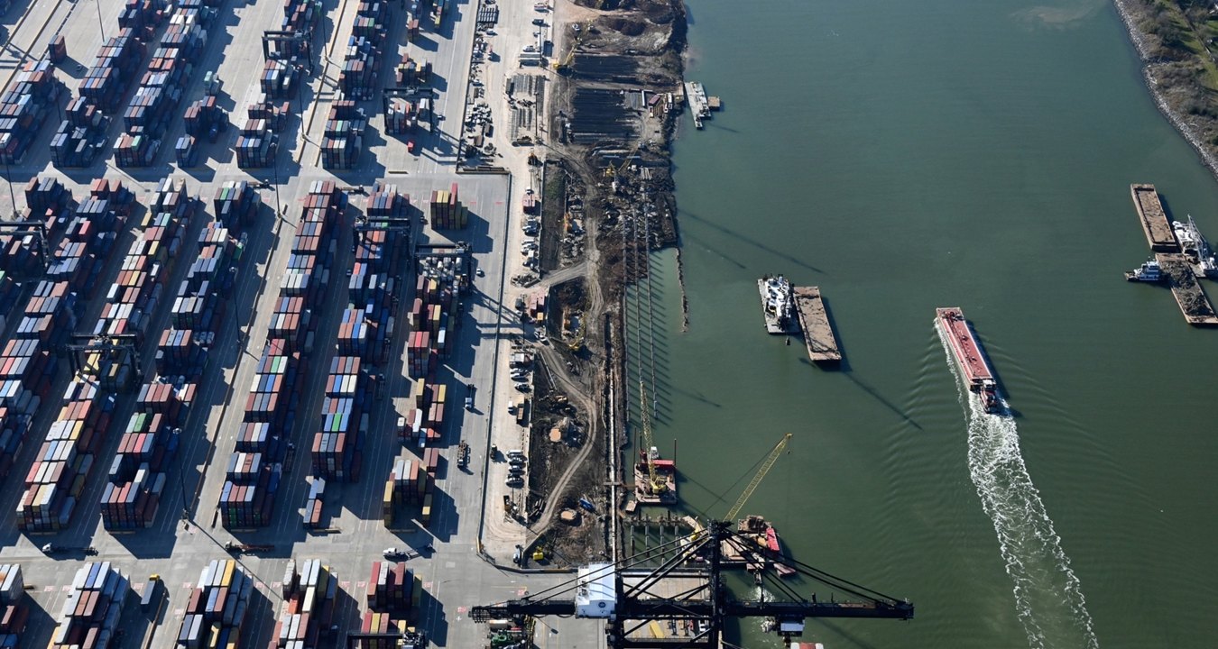 Aerial view of the container terminal with a waterway on the righthand side