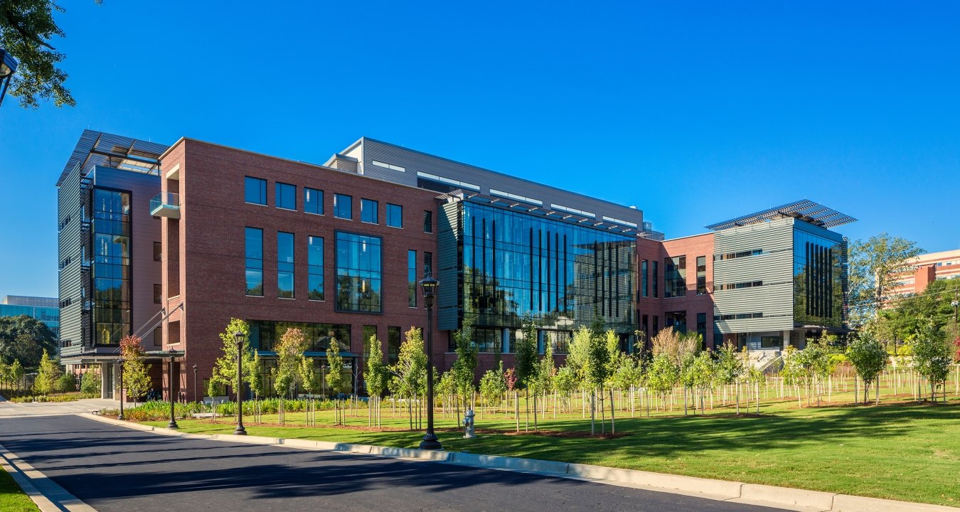 Exterior view of the building with trees in front