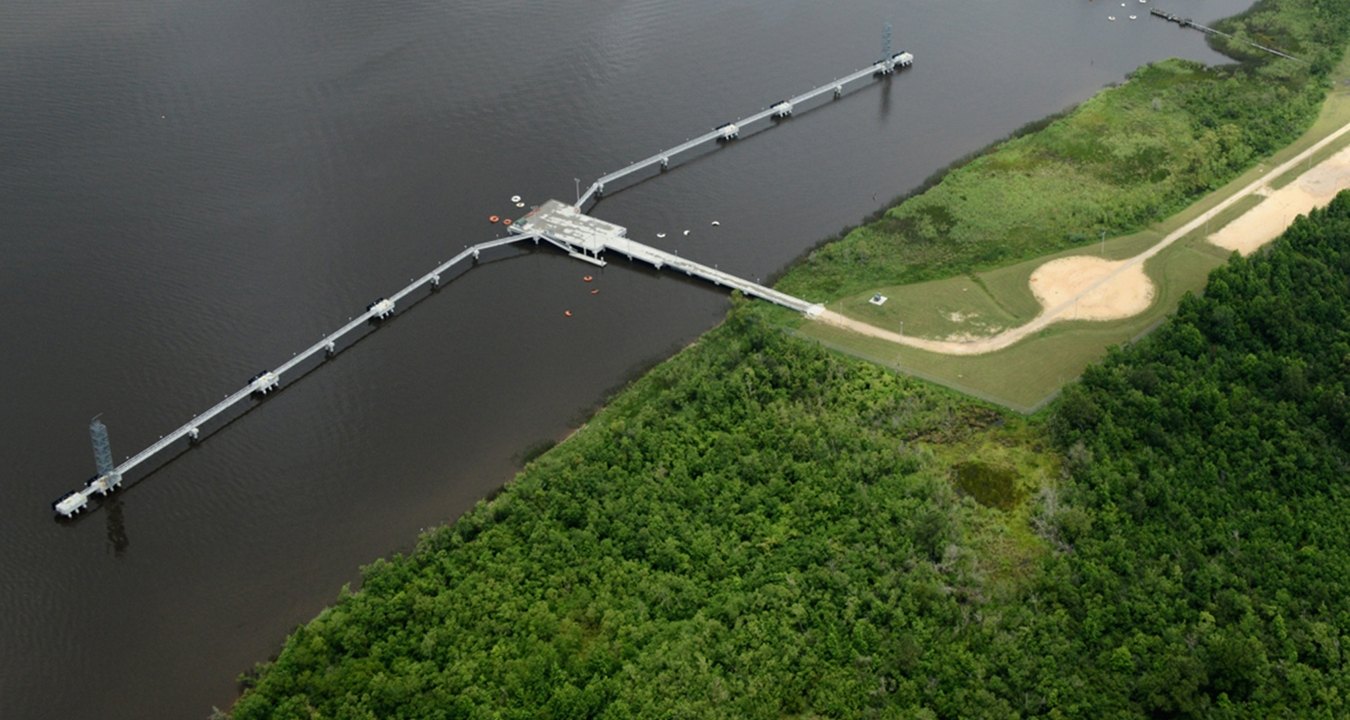 Aerial view of the facility over the water