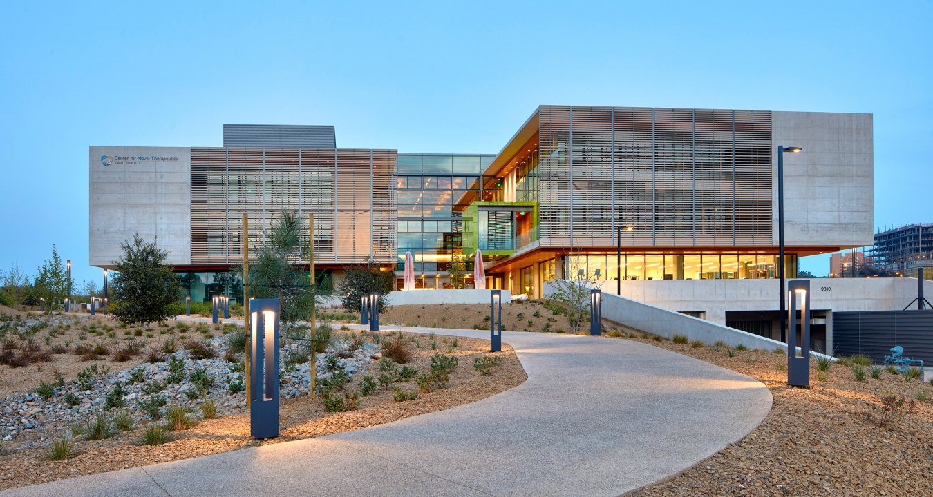 UCSD Center for Novel Therapeutics building walkway and landscape leading to the building