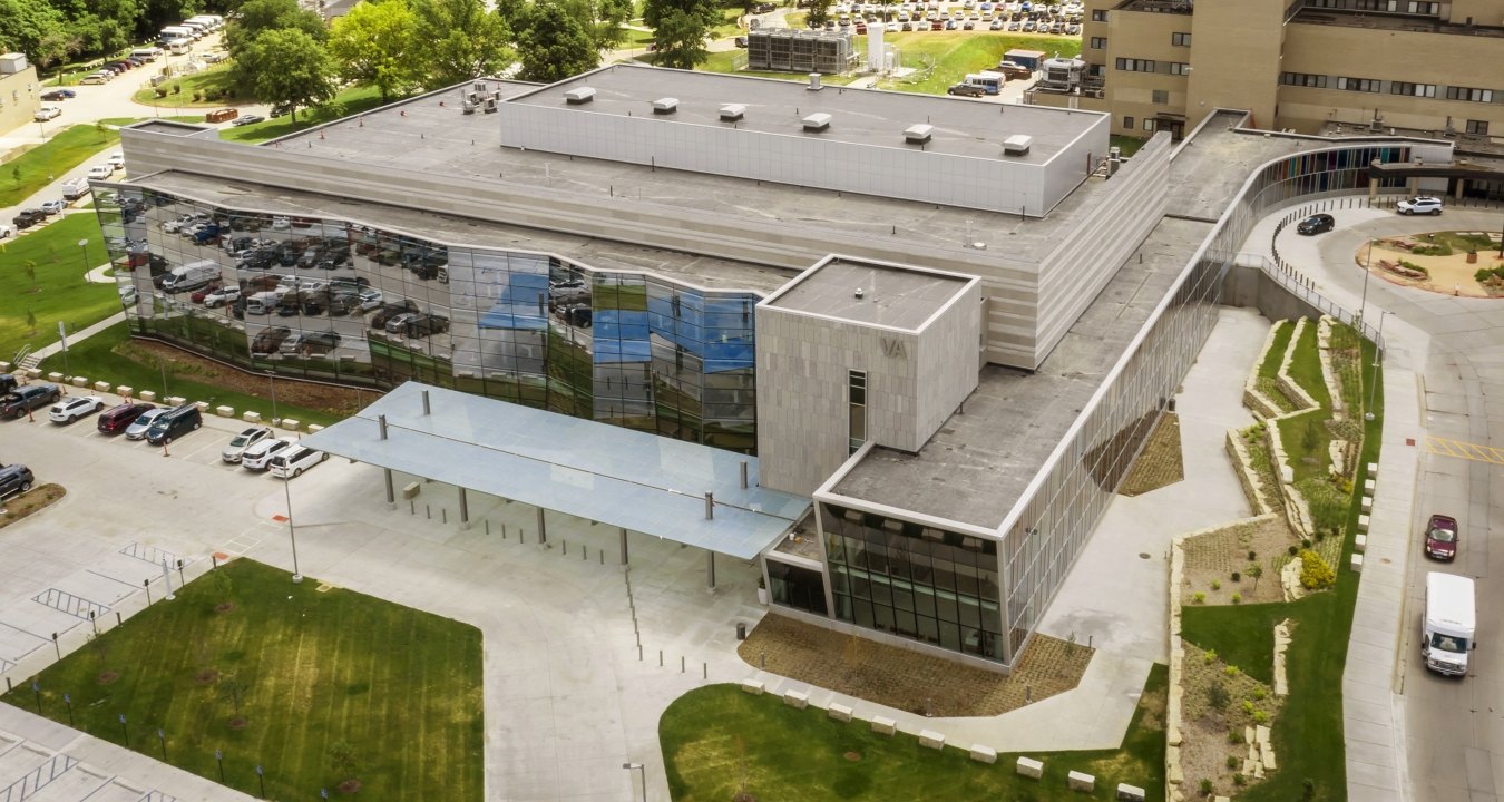 Exterior, aerial view of the Veterans Ambulatory Omaha