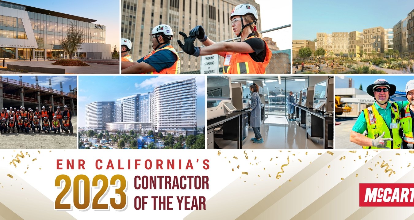 Compilation of photos of McCarthy people and projects honoring the ENR California Contractor of the Year award.