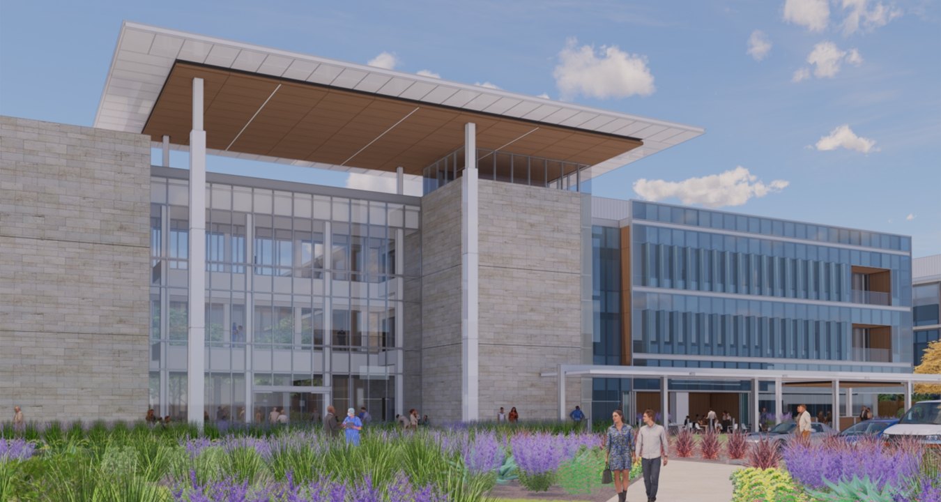 Exterior rendering of the main entryway to the hospital
