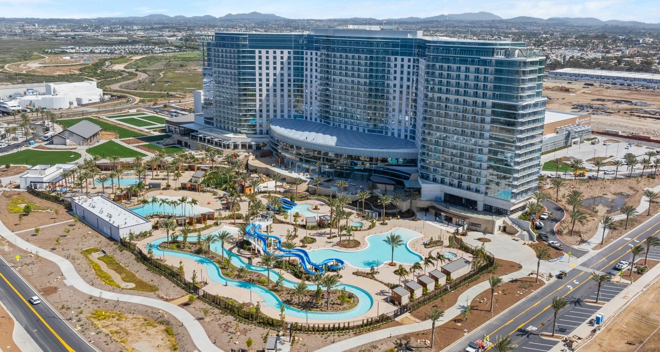 Aerial view of the finished hotel and conference center