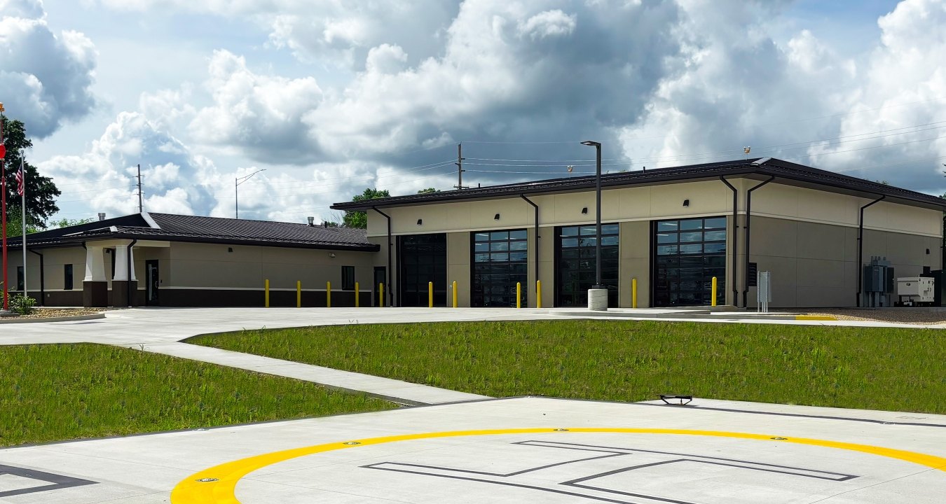 Exterior view of the EMS building and helipad