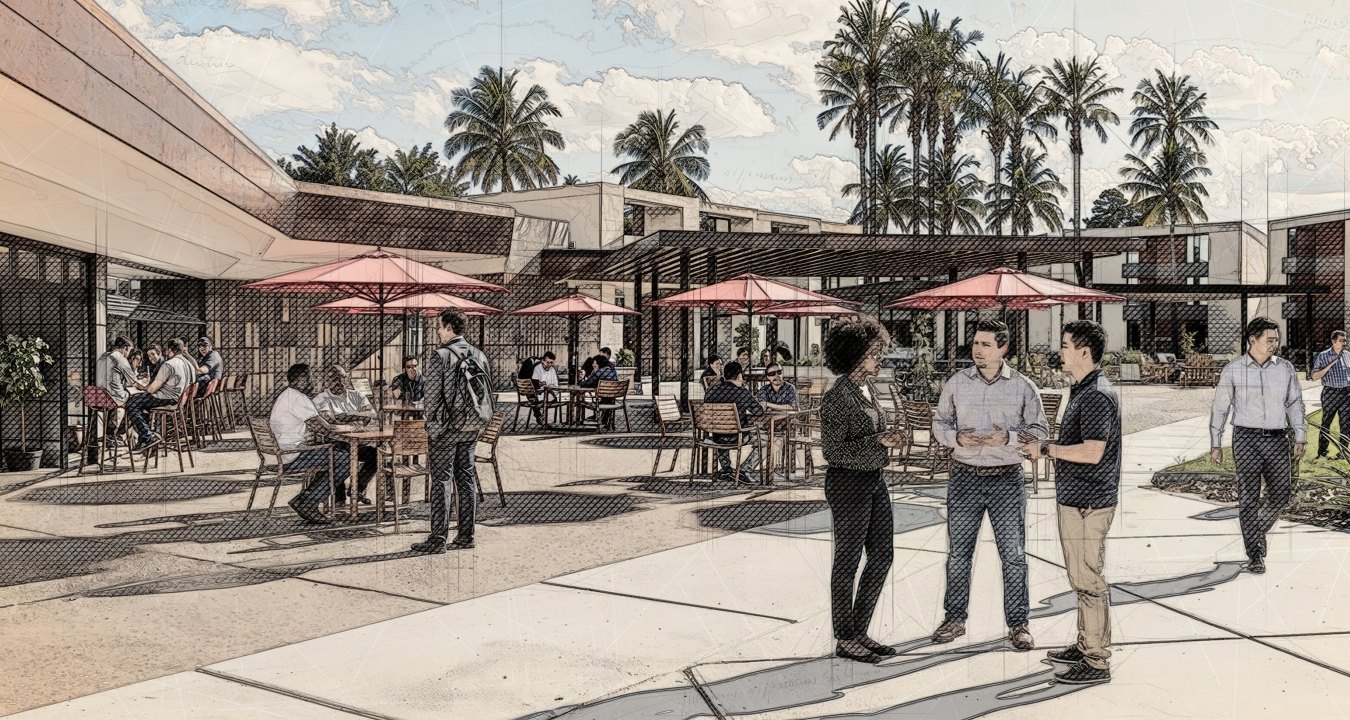 A sketch of a group of people chatting and sitting outside