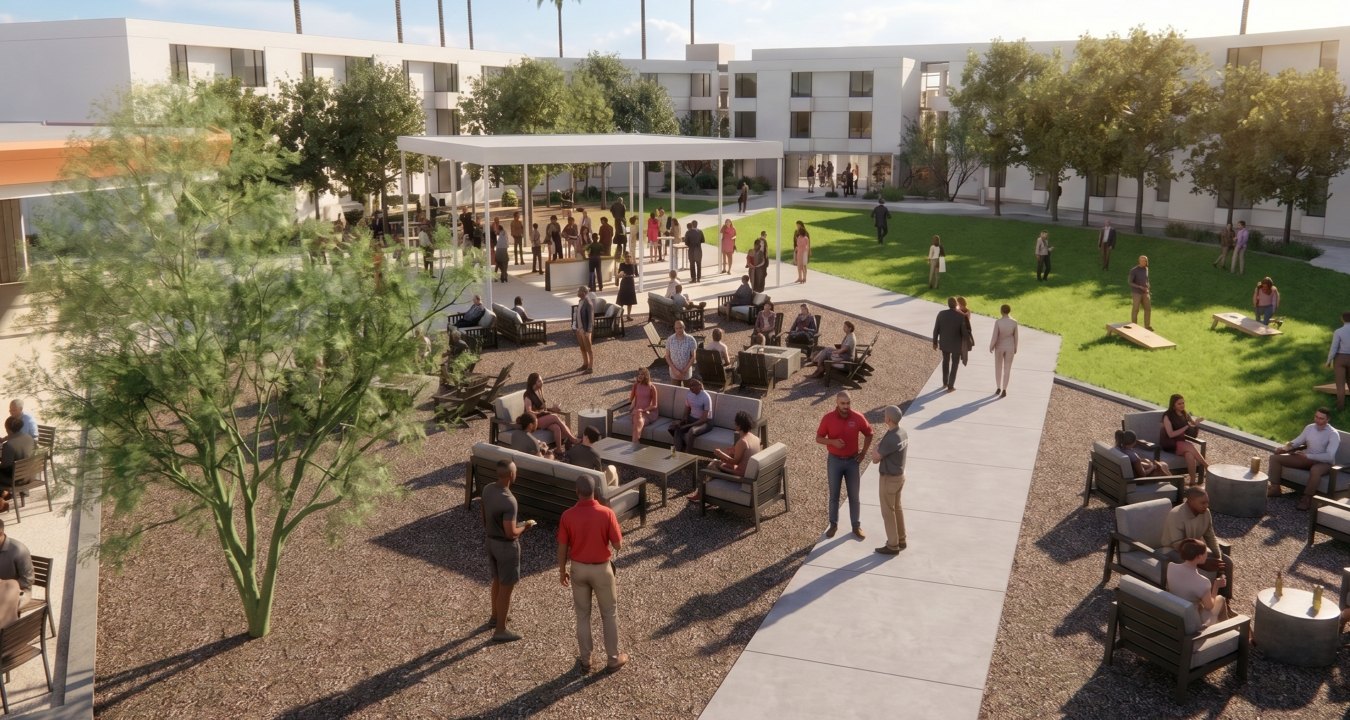 Rendering of a courtyard area with people sitting and walking