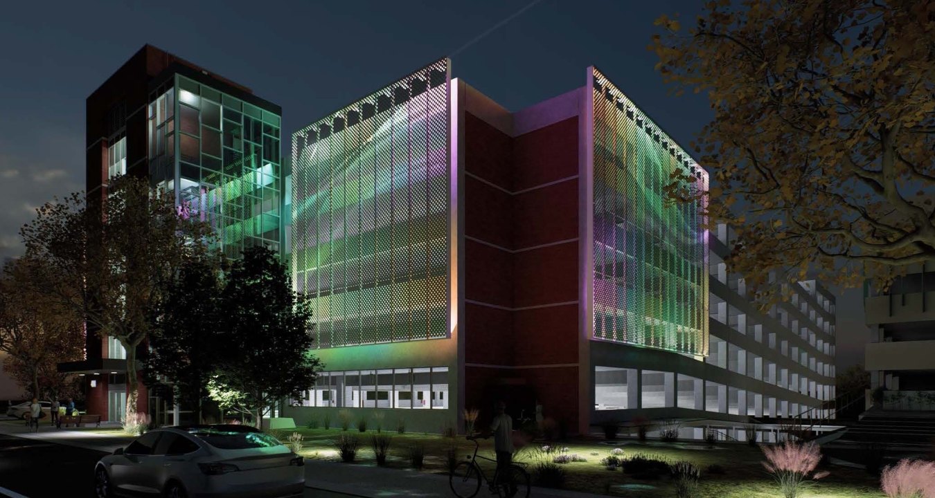 Rendering of a parking garage at nighttime