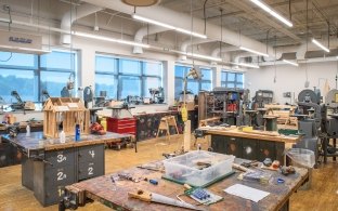 A shop class classroom with tools and equipment. 
