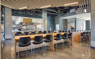 Inside food hall of housing building. 