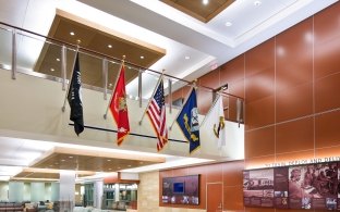 Naval Hospital Camp Pendleton Grand Lobby with Flags, Furniture, Photos of Caregivers