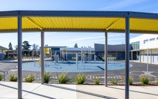 An outdoor covered walkway