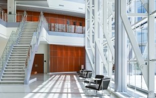 Edward Jones South Campus interior lobby, stairway, window wall, seating