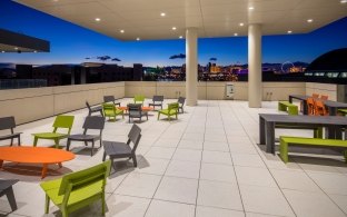 An outdoor seating area at nighttime