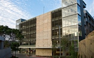 Exterior view of the parking garage during the daytime.