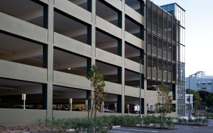 Close-up, exterior view of the parking garage. 