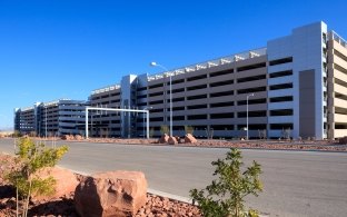 Another exterior view of the parking garage.