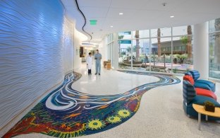 Rady Children's Hospital & Health Center colorful hallway with ocean-themed floors and artwork