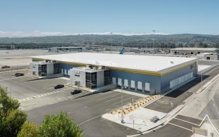 Aerial view of an airplane hangar.