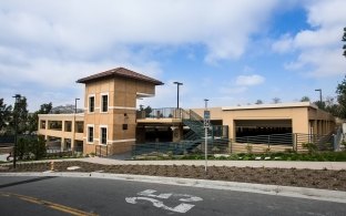 Ground-level view of the Soka University of America parking structure.