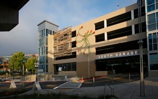 Another exterior view of the parking garage.
