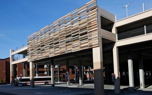 Exterior view of the parking garage entrance.