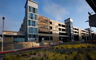 Exterior view of the parking garage. 