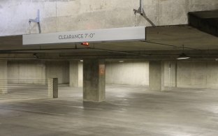 Interior view of the parking garage with concrete columns