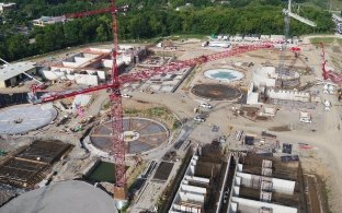 Aerial view of Tomahawk Creek Wastewater Treatment Facility Expansion project underway