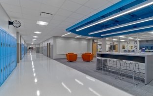 Buena Vista High School hallway with lockers and administrative offices