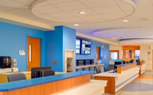 Long desk area with computers and blue wall in the background