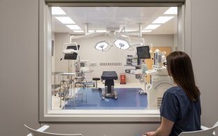 A person looking through an interior window at the operating room