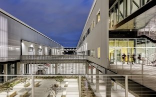 Exterior view between buildings from the second-level balcony