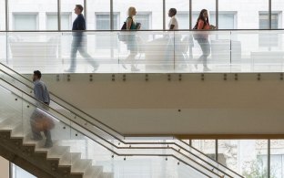 Students at the GSU College of Law building