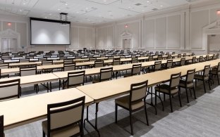 Texas Woman's University, Hubbard Hall interior, chairs, tables, video screen