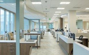 Interior image of the cancer center with desks