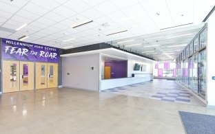 Millennium High School Gym interior lobby and stadium entry doors