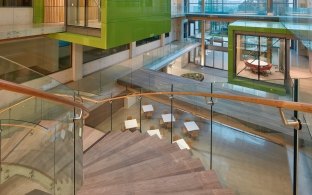 UCSD Center for Novel Therapeutics view of the building interior looking down from the staircase