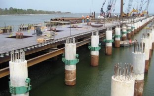 View of piles during construction in the water