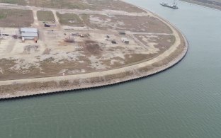 Aerial view of the completed levee stabilization wall