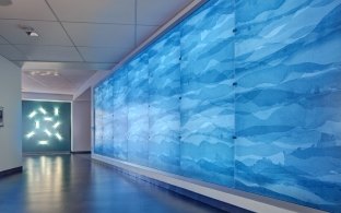 Rady Children’s Hospital Administrative Office Building and Conference Center blue glass wave patterned art wall
