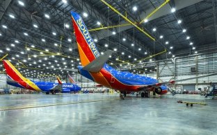 Interior view of the hangar with two Southwest Airlines branded planes inside