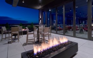 Nebraska Innovation Campus Scarlet Hotel patio fireplace and seating areas