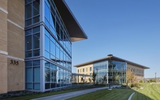 Exterior architecture with walkway between buildings