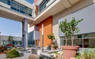 Outdoor image of a courtyard with seating and plants