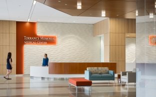 Indoor image of the lobby with modern looking couches